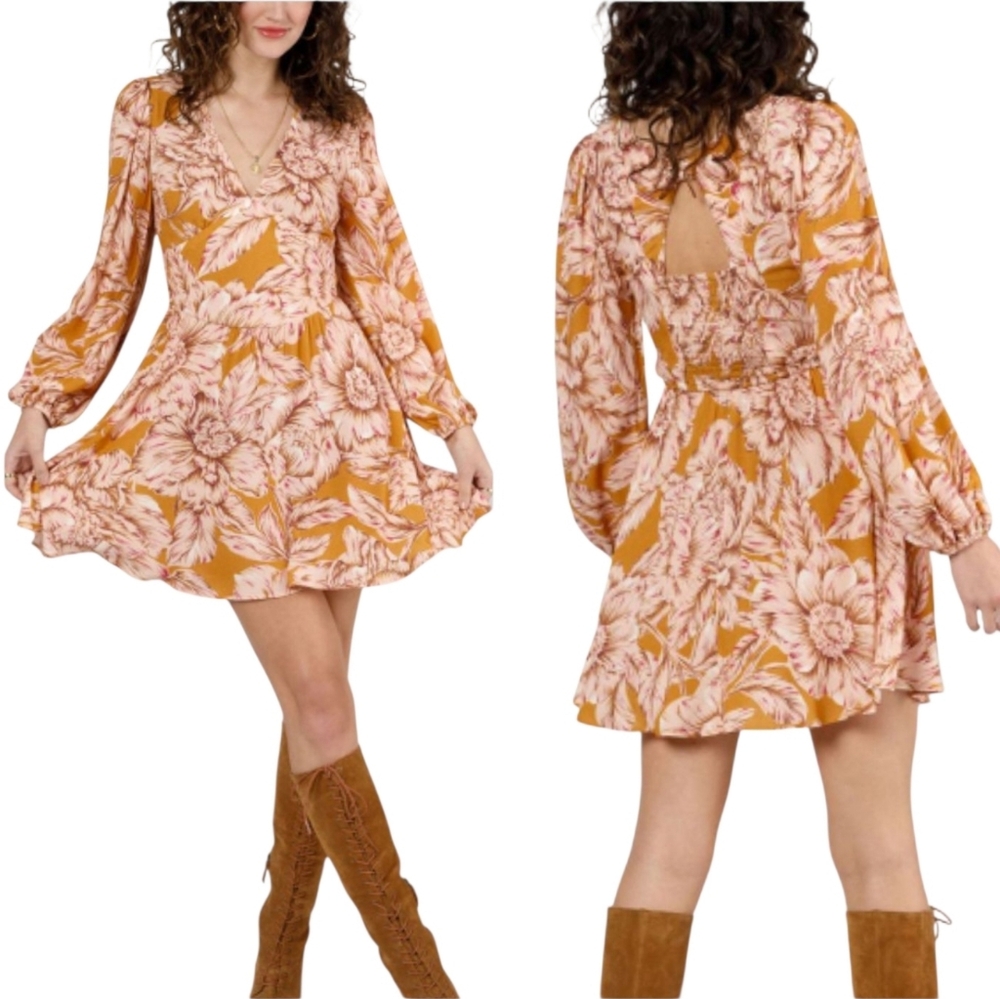 Band Of The Free Womens Gold Floral Long Sleeve Mini Dress Size Small